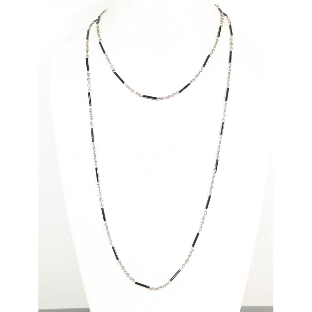 Vintage Park Lane Black Glass Station‎ Necklace Silver Tone Long 50"